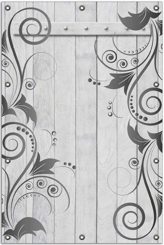 Wallario Outdoor-Poster für Garten oder Balkon, Motiv Graue Holztür mit Schnörkelmuster, in ca. 80 x 120 cm
