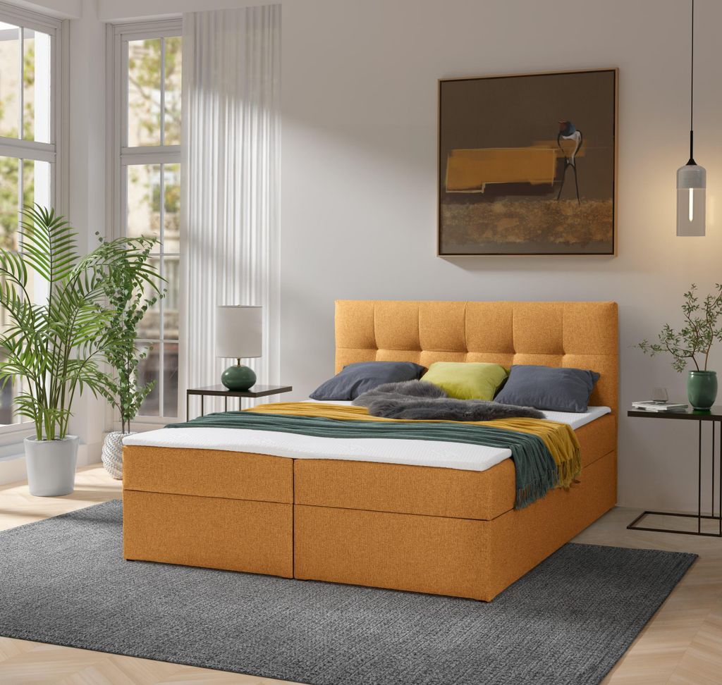 Ravio Boxspringbett Toronto 160x200 mit Bettkasten, Polsterbett mit Bonell Matratze & Topper – Luxus für dein Schlafzimmer, Herbi - Orange