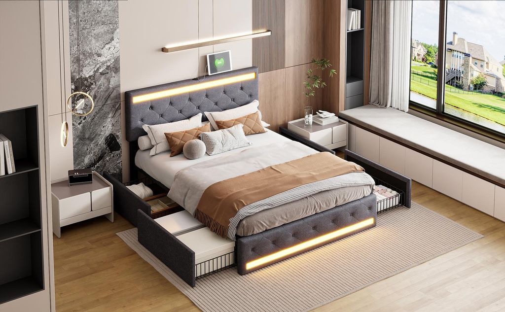 Doppelbett aus grauem Leinen, 180 x 200 cm – integrierte LEDs, USB-/Typ-C-Anschlüsse, 4 Metallschubladen