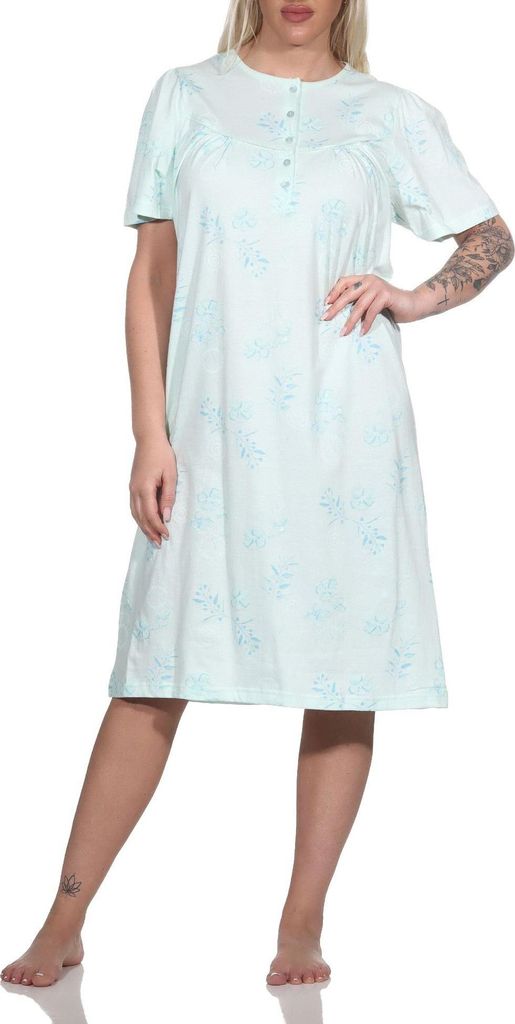 Normann Damen kurzarm Nachthemd im klassischen fraulichen Design mit Knopfleiste am Hals ; helltürkis , 48