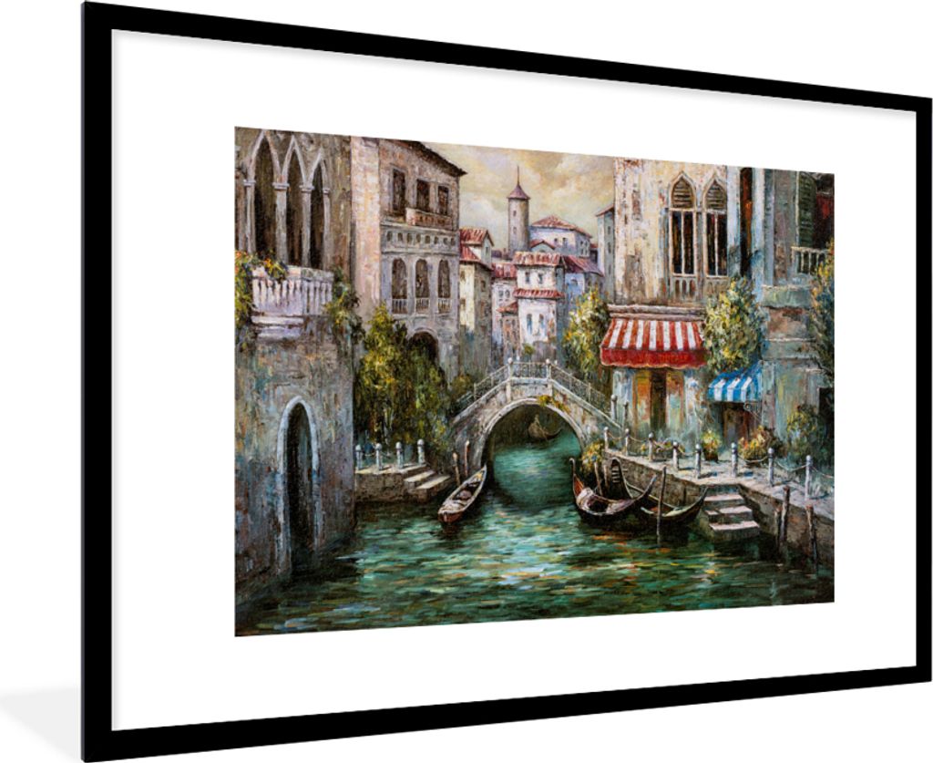 MuchoWow Gerahmtes Poster Gemälde - Wasser - Italien - Boot - Architektur - Öl 90x60 cm - Poster mit Schwarzem Bilderrahmen Wandposter Rahmen F...