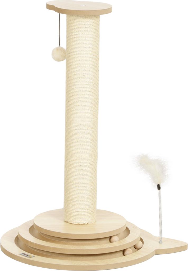 Katzenkratzbaum, 69 cm, Sisal-Kratzpfosten, Kugelbahn, Spielball, Spielfeder, 4-in-1-Design, Cremeweiß
