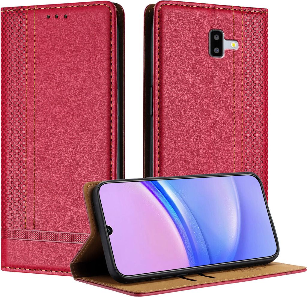 Handyhülle für Samsung Galaxy J6 Plus Leder Flip Klappbare Schutzhülle mit Standfunktion Rot
