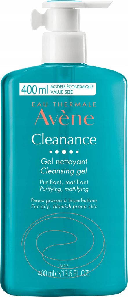 A teal colored bottle of Avene Cleanance Cleansing Gel with a white pump dispenser.