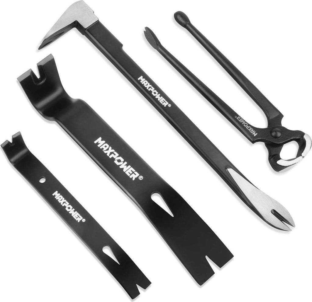 Brecheisen/Nagelzieher-Set 4-teilig, 300 mm Brecheisen, 260 mm Wunderbrecheisen, 190 mm Mini-Werkzeugstange und 250 mm Zimmermannszange