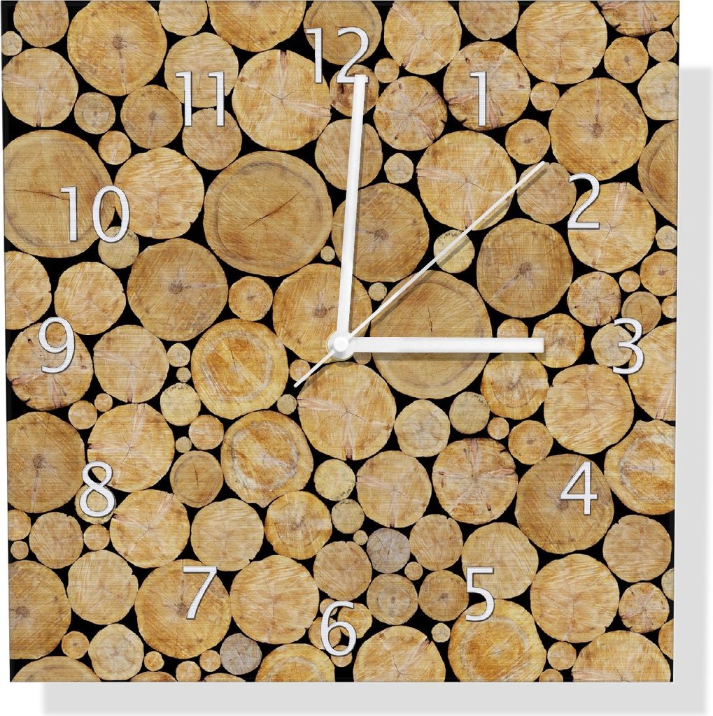 Wallario Design Wanduhr Holzstapel rund aus Aluverbund, Größe 30 x 30 cm