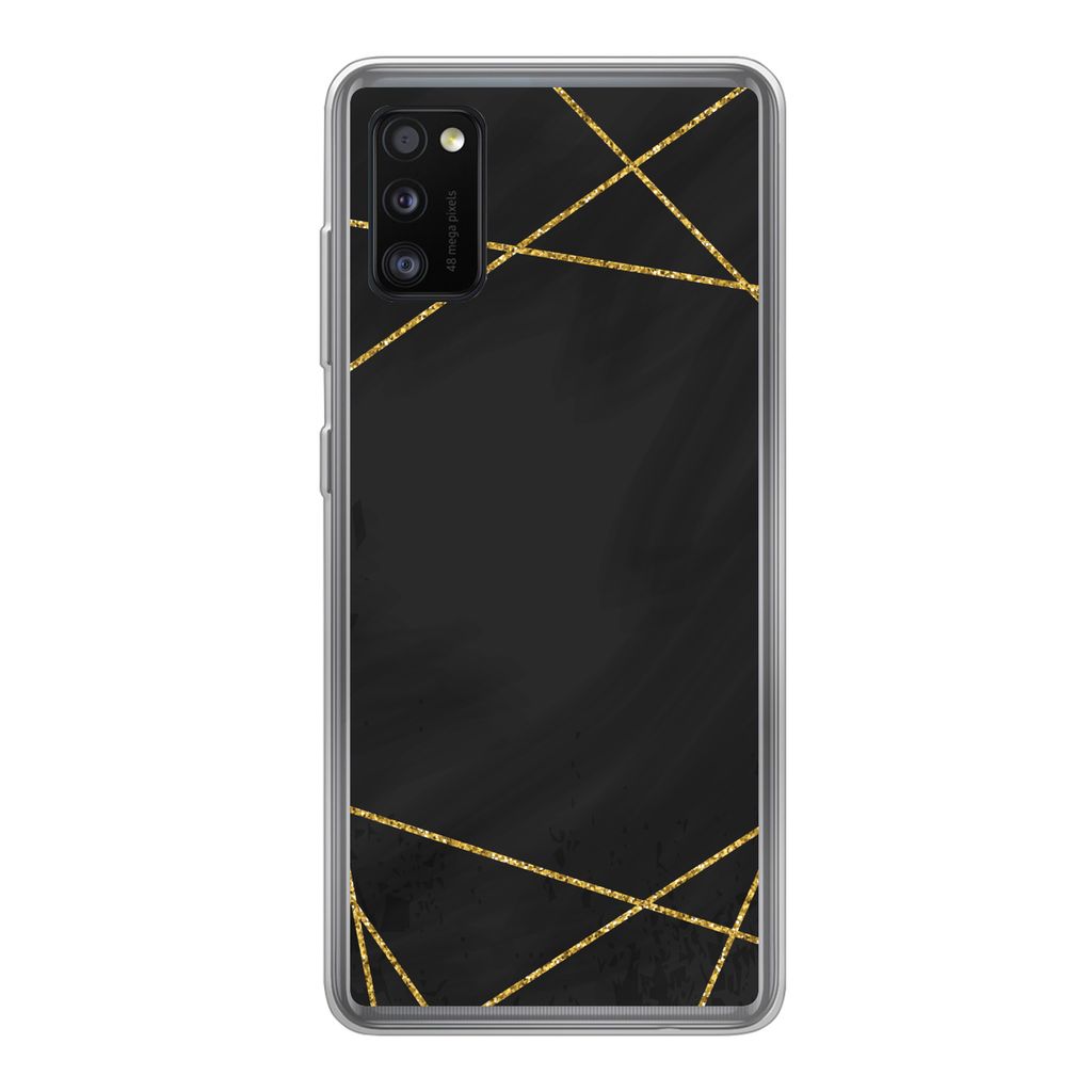 MuchoWow Handyhülle Schutzhülle Hülle für Samsung Galaxy A41 Geometrisches Muster aus goldenen Linien auf schwarzem Hintergrund Silikon Softc...