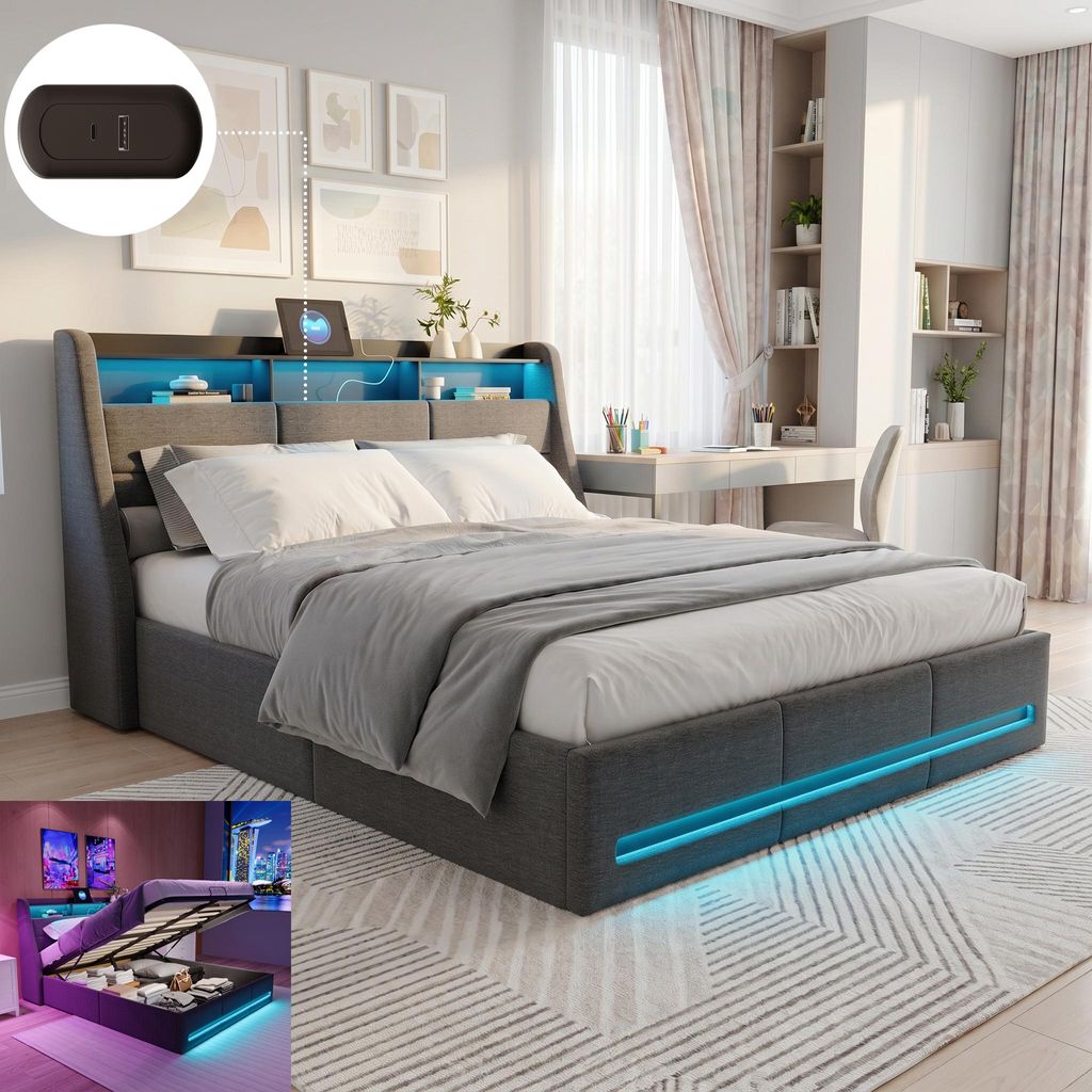 INONEFT, lit rembourré 140x200 cm avec éclairage LED et Image du produit 