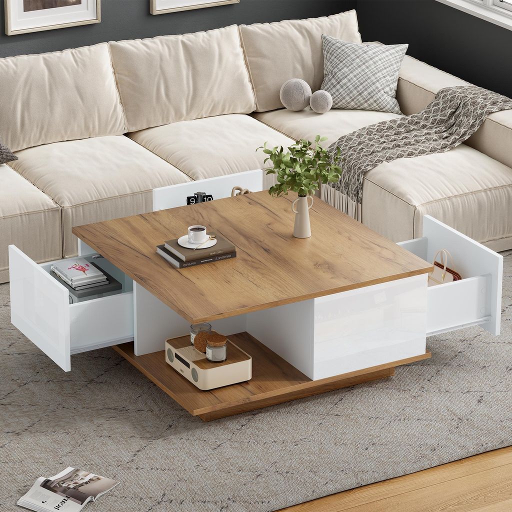 Merax Couchtisch mit 3 Schubladen, Hochglanz Sofatisch mit halboffener Stauraum, Wohnzimmertisch, Beistelltisch, quadratisch, Weiß + Holz