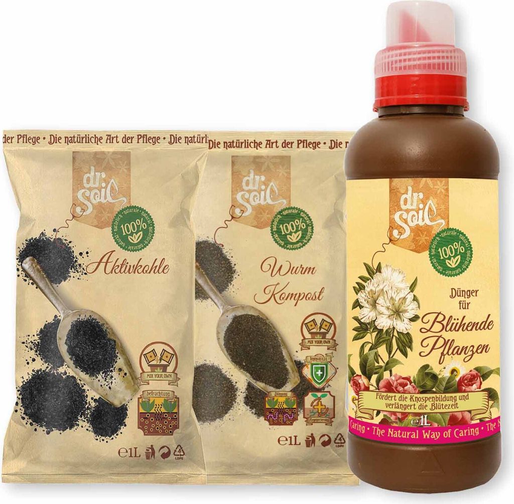 Dr.Soil Pflanzenpflegepaket für blühende Pflanzen in Töpfen oder im Garten, mit Vermicompost, Aktivkohle und organischem Dünger für blühende ...