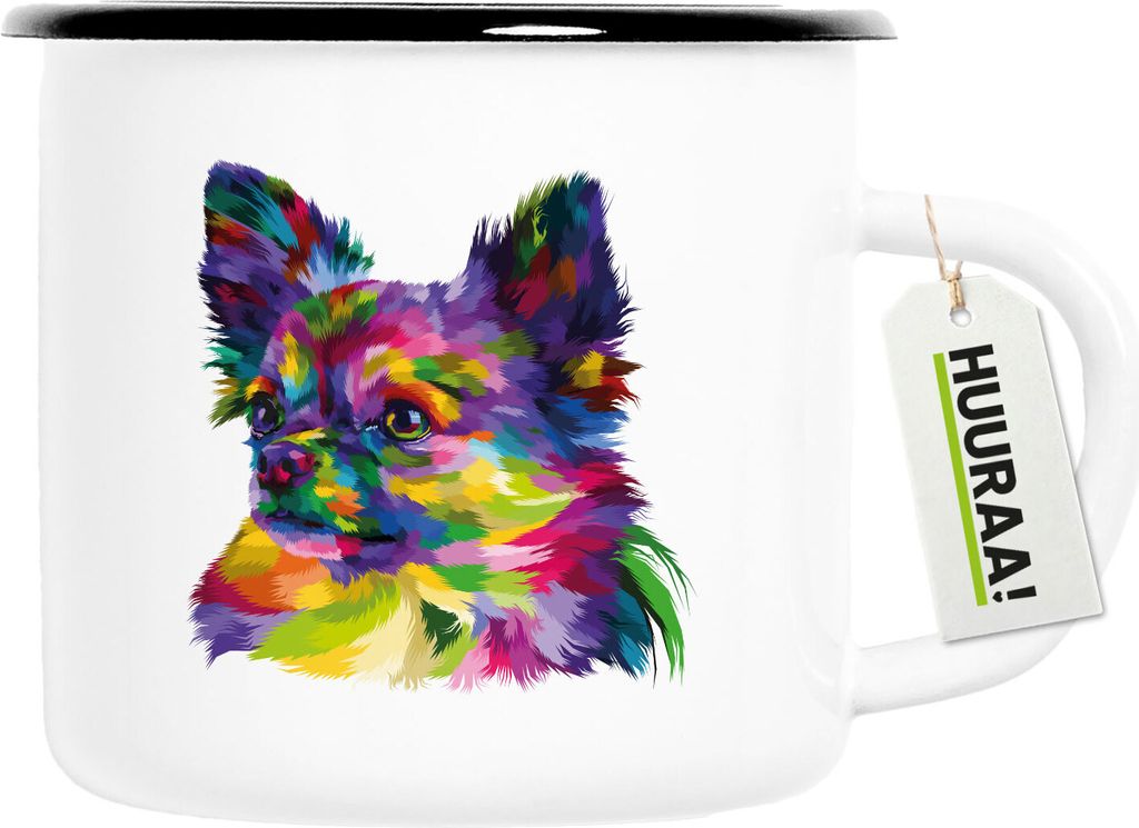 Huuraa Emaille Tasse Chihuahua Colorful 300ml Vintage Campingbecher Geschenkidee