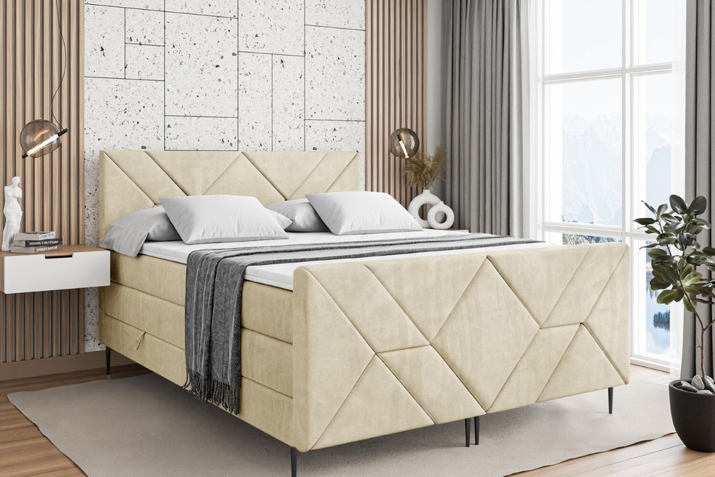 ALTDECOR Boxspringbett mit Schwarz Füßen, Matratze und Lattenrost, Topper, Fußteil, Polsterbett mit Bettkasten, Bett mit Stauraum H3- und H4- Ma...