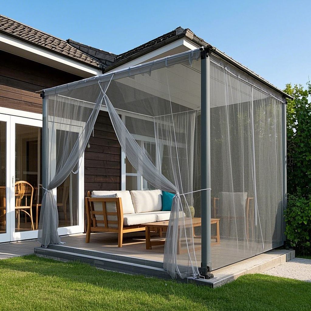 A patio gazebo with sheer curtains, furnished with a sofa and coffee table, set in a backyard.