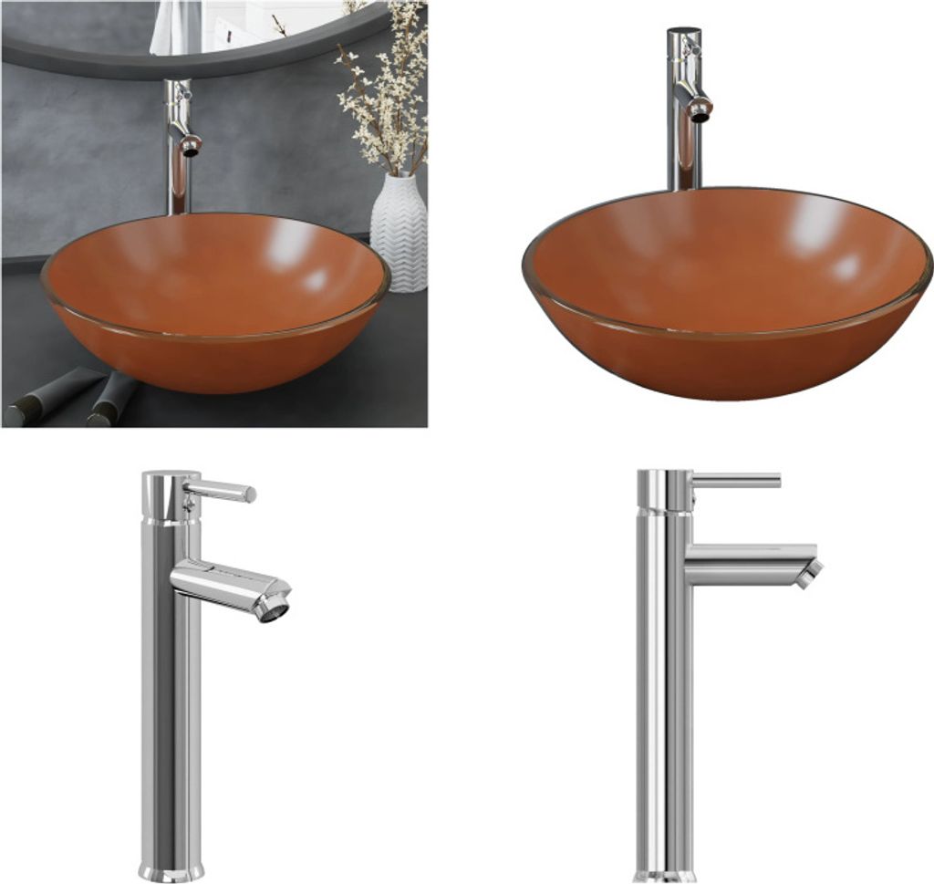 vidaXL Badezimmer Waschbecken mit Wasserhahn und Ablaufgarnitur Braun Gehärtetes Glas - Waschbecken - Spülbecken - Waschtisch - Gehärtetes Glas
