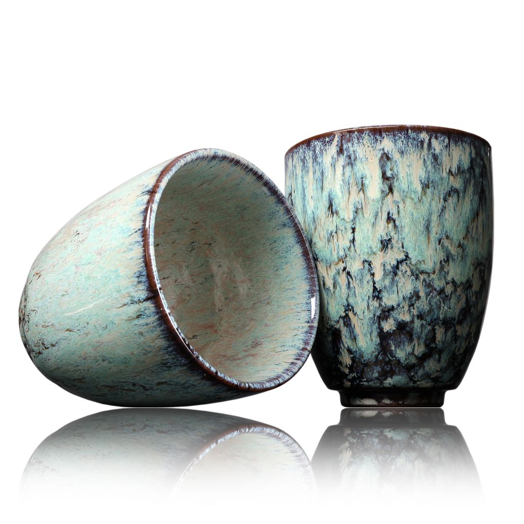 Kaffee Becher Keramik, Design Kaffee-Tasse ohne Henkel 200ml, Tee-Tasse 2er Set, coffee mug, tea cup, Tasse mit modernem Muster, bunte Unikate (and...