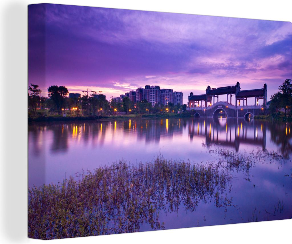 OneMillionCanvasses - Leinwandbilder - 140x90 cm, Lila Himmel über Foshan in Asien, Wandbilder Kunstdruck Wanddekoration - Foto auf Leinwand - G...