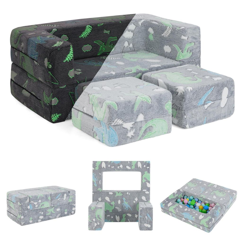 GOPLUS Kindersofa Spielsofa, Modulares Sofa ausklappbar mit leuchtenden Mustern & abnehmbarem Flanellbezug (100 x 50,5 x 40 cm,Grau)