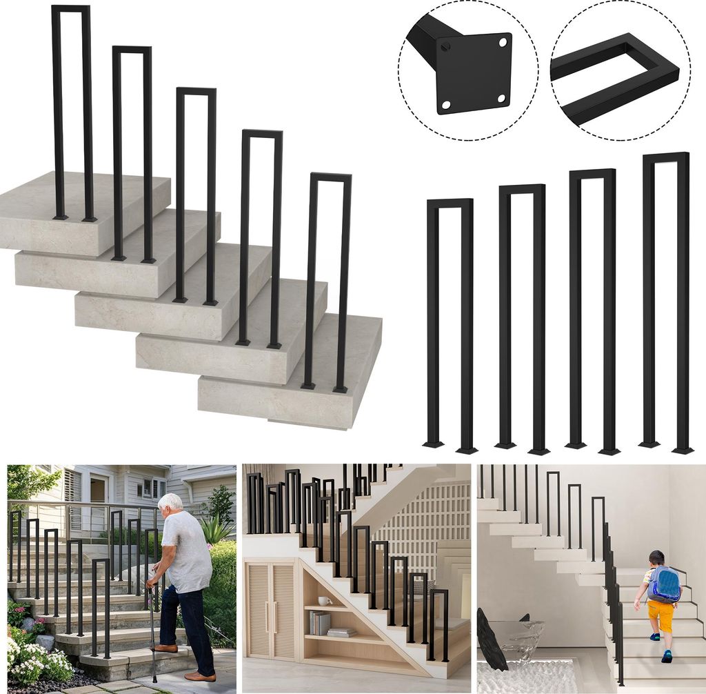 XINZI U-förmiges Treppengeländer Schwarz 95cm - Stehende Installation, metallisch langlebig, mit Handlauf, pflegeleicht, für Villen/Wohnungen/Flure