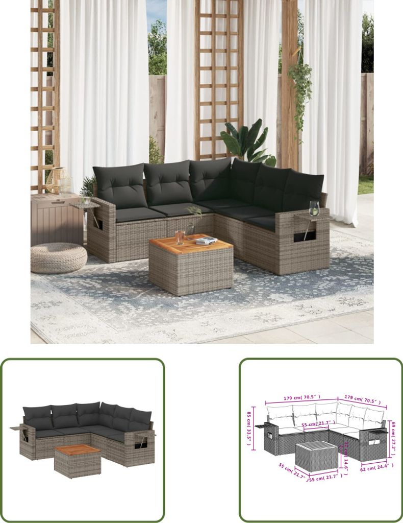 The Living Store 6-tlg. Garten-Sofagarnitur mit Kissen Grau Poly Rattan