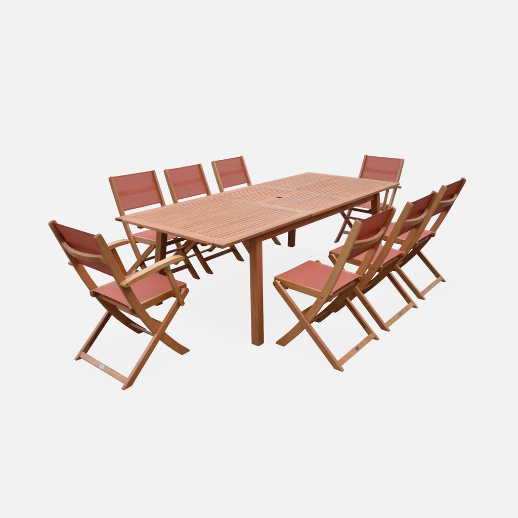 sweeek - Ausziehbarer Gartentisch aus Holz, 8 Stühle - Holzfarben
