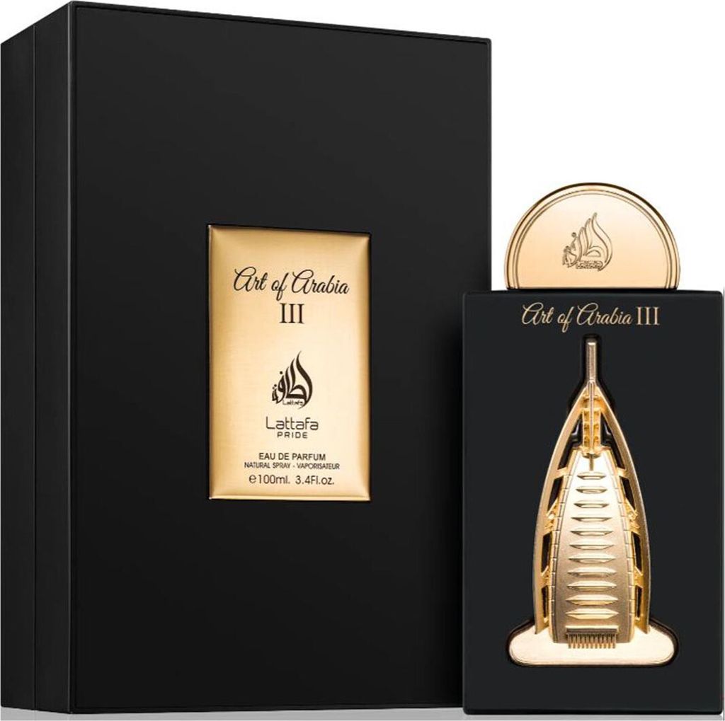 A perfume gift set with a black box and a gold bottle shaped like a skyscraper.