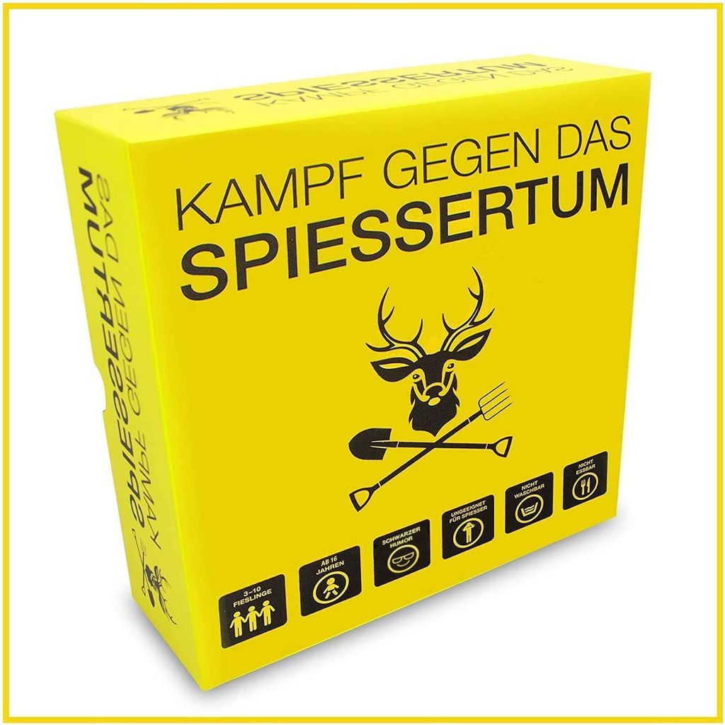 A yellow game box with black text and graphics, presented at an angle on a white background.