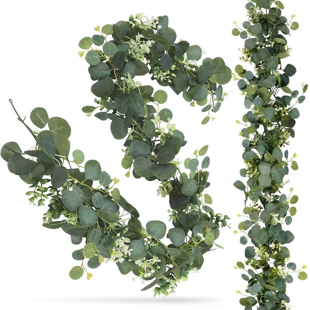 2 künstliche Eukalyptuskränze (1,8 m Durchmesser) mit weißen Blüten und grünen Blättern, Hängedekoration, grüne Hängepflanze für Hochzeit...
