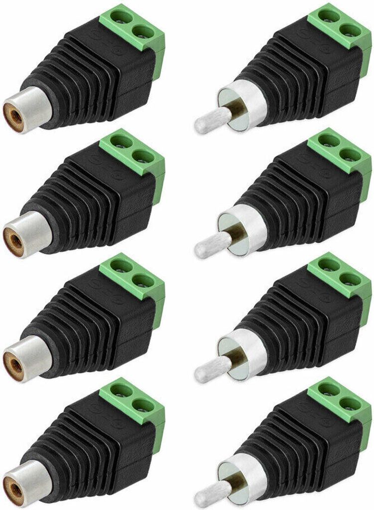 4X Cinch Buchse + 4X Cinch Stecker RCA > Terminal Block 2 Pin Adapter Schraub Klemmen