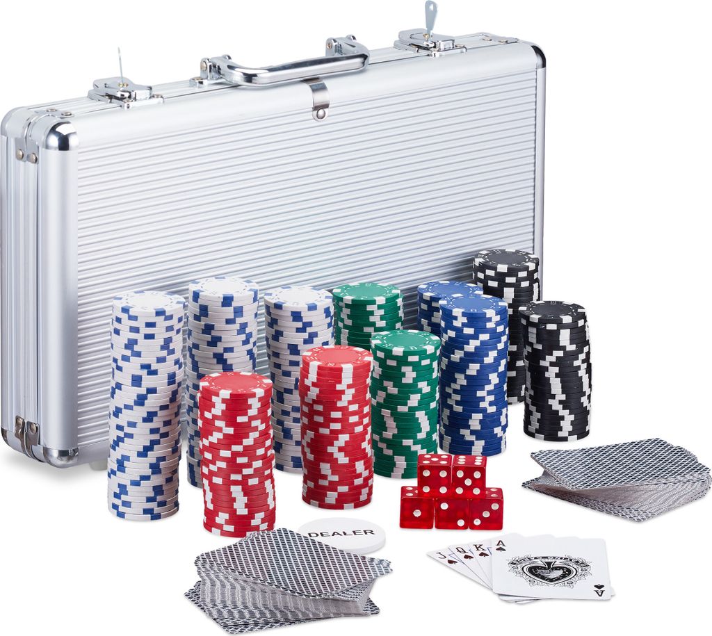 Relaxdays Pokerkoffer, 300 Laser Pokerchips, 2 Kartendecks, 5 Würfel, Dealer Button, Aluminiumkoffer abschließbar, silber