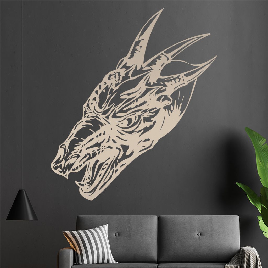 Drachen Kopf Wandtattoo in 6 Größen - Wandaufkleber Wall Sticker - Dekoration, Küche, Wohnzimmer, Schlafzimmer, Badezimmer
