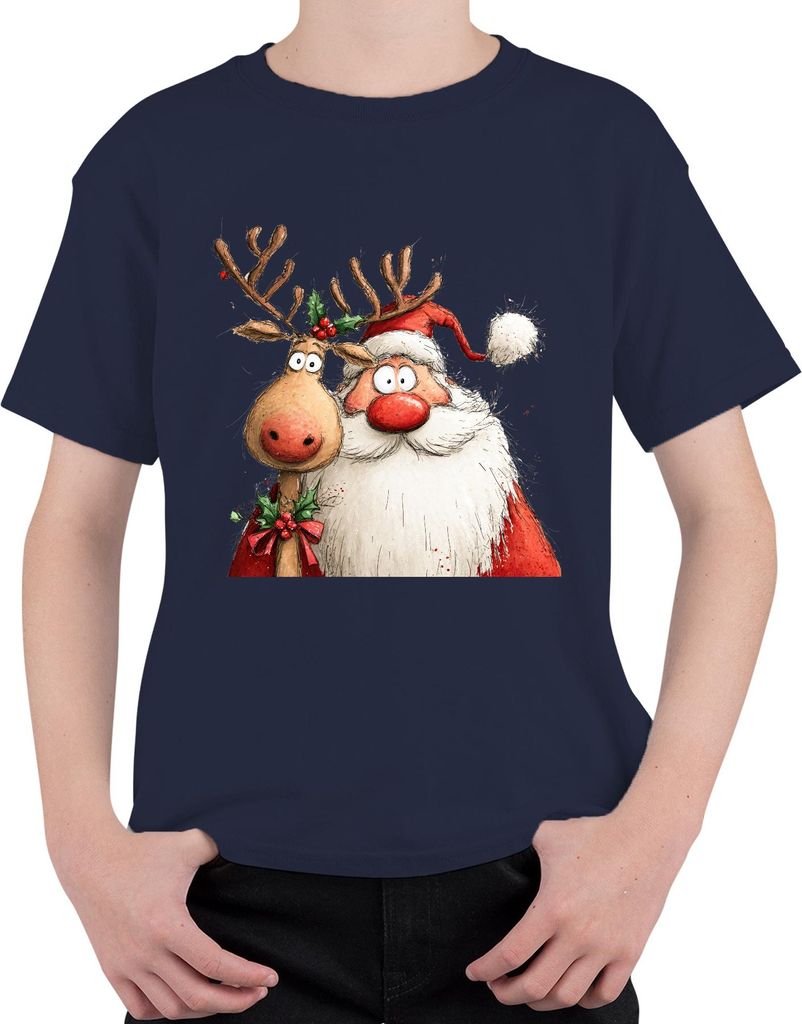 Weihnachtsmann Rentier rote Nase lustig Weihnachten Geschenk Uni Kinder T-Shirt, Navy, 152