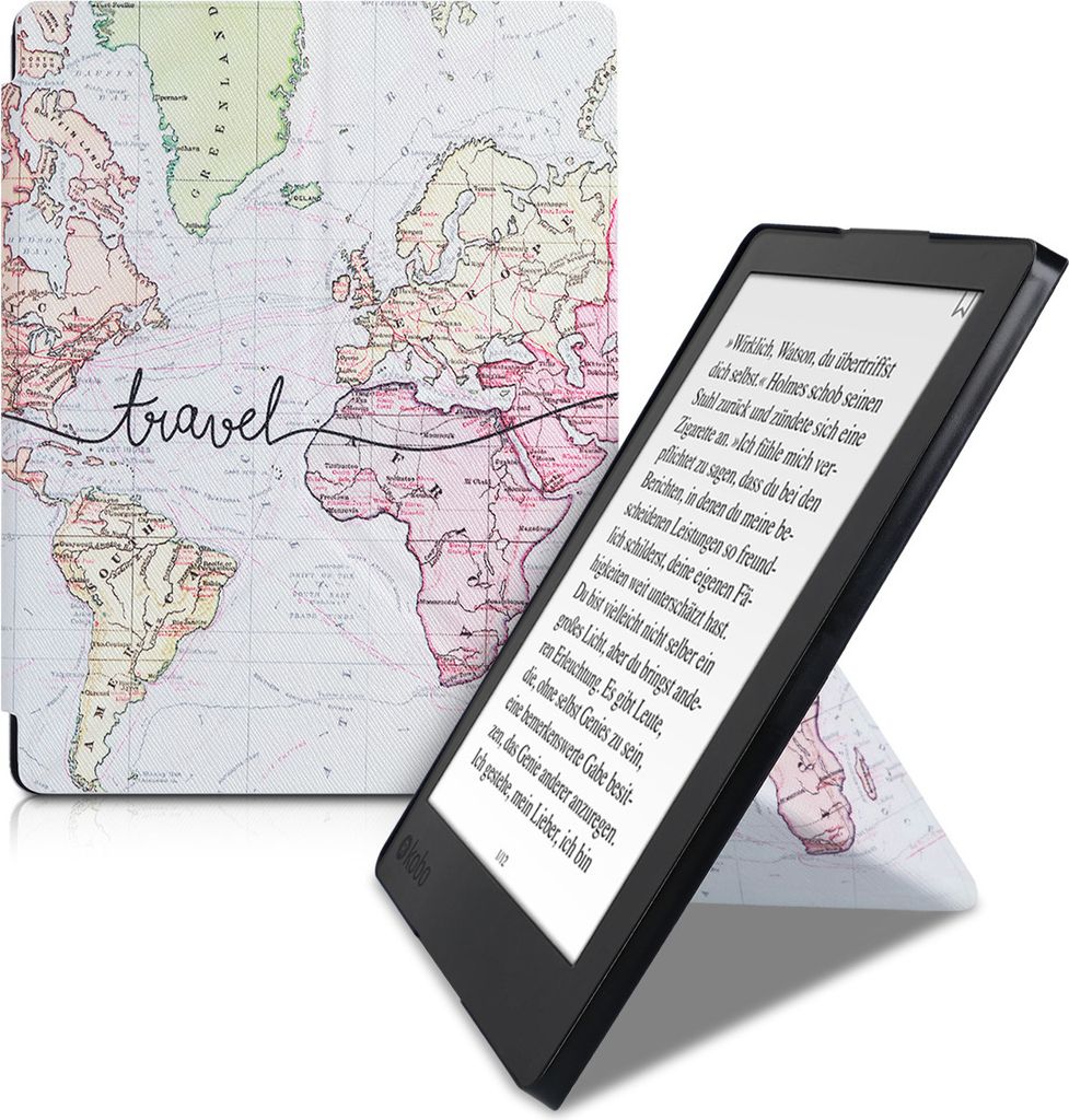 kwmobile Schutzhülle kompatibel mit Kobo Aura H2O Edition 2 - Hülle Kunstleder - eReader Cover Case - Travel Schriftzug Schwarz Mehrfarbig