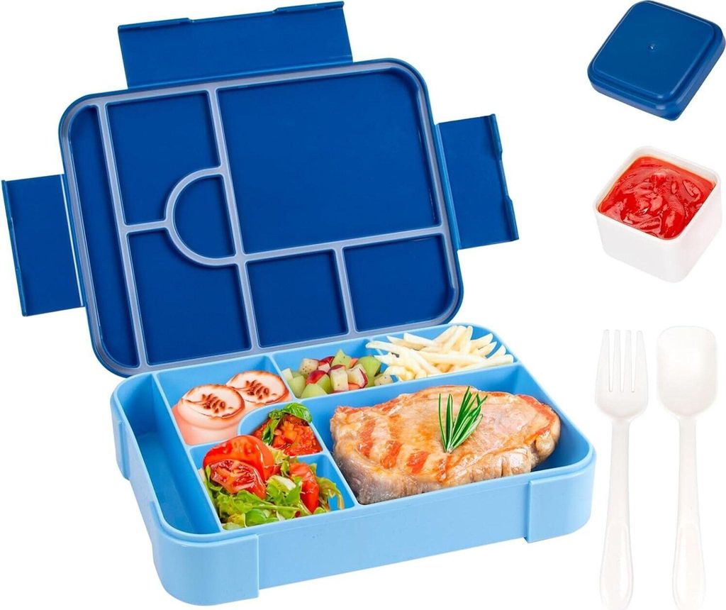 Lunchbox, 1330ml Auslaufsicher Bento Box, Brotdosen mit 7 Fächern und Besteckset Soßenbox, Brotdose für Kinder Erwachsene BPA Frei (Blau)