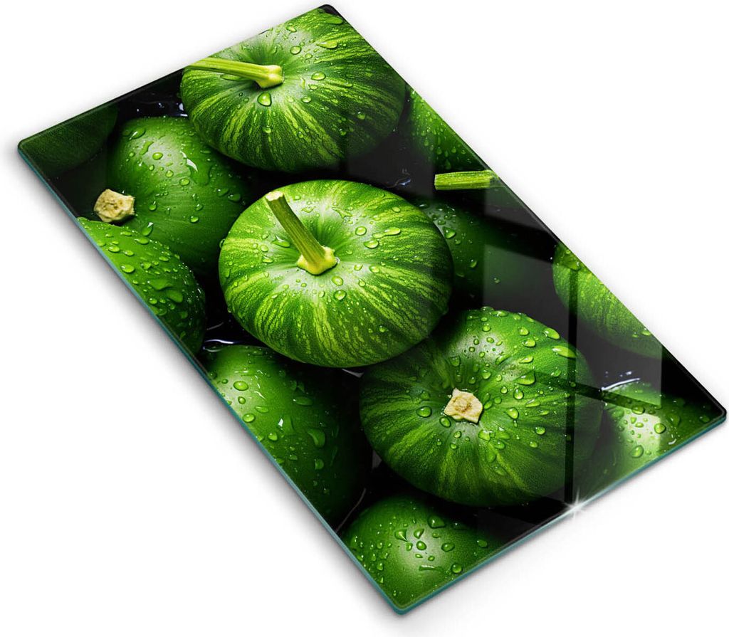 Glasschneideplatte - Herdabdeckplatte - 30x52 cm - Schneidebrett - Spritzschutz - Grüne Kürbisse