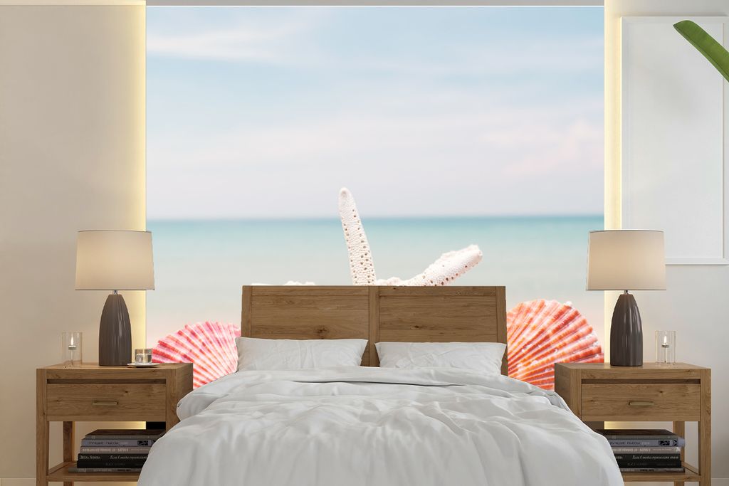 MuchoWow Fototapete für Wohnzimmer oder Schlafzimmer Wandtapete Vinyl Motivtapete Muscheln - Seesterne - Strand - 350x350 cm - Schlafzimmertapete
