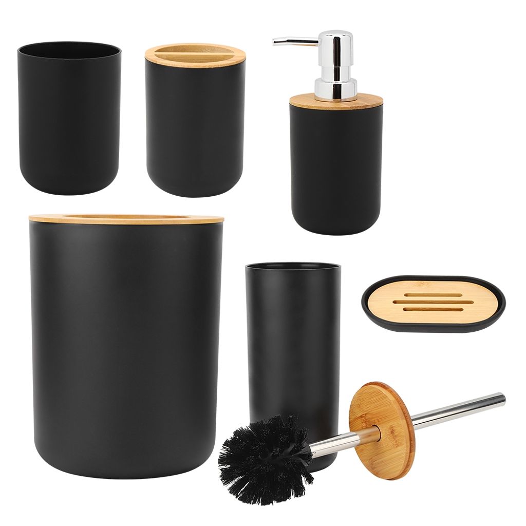 AYNEFY Badzubehör Set aus Kunststoff,Badezimmer Set 6-teiliges Badzubehör Kunststoff-Badset für Zuhause und Hotel schwarz