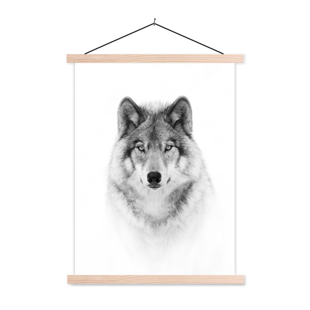 MuchoWow Textilposter Wolf - Tiere - Porträt - Weiß 40x53 cm mit holzfarbenen Rahmen - Schlafzimmer