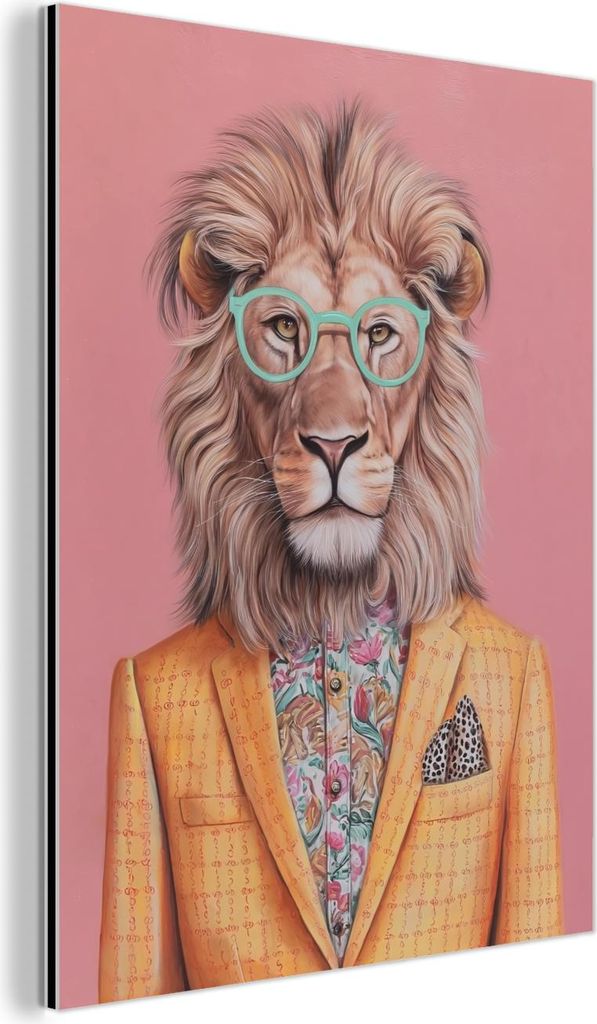 MuchoWow Wanddekoration Metall Metallbild Wandkunst 60x80 cm Löwe - Anzug - Kariert - Brille MuchoWow Aluminium Gemälde - Wanddekoration Metall