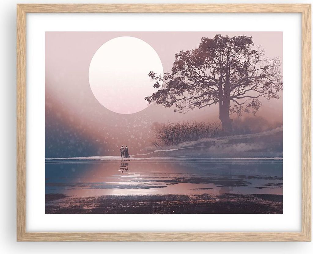 Gerahmtes Poster - Rahmen in heller Eiche - Mond Paar Baum - 50x40 cm - Wand Bild - Wanddeko - Wandbilder - Kunstposter - Wandposter - Bilderrahmen...