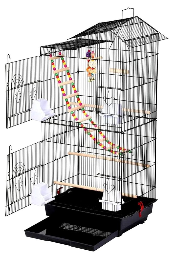 Vogelvoliere für Kanarienvögel und Wellensittiche, schwarzer Vogelkäfig 46 x 35,5 x 99 cm, Vogelhaus mit Spielzeug und Klettermöglichkeiten