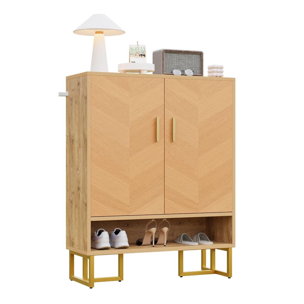 Moderner, minimalistischer Schuhschrank , Einzigartige Holzmaserung ,Goldener Eisenrahmen , Zweitüriger Aufbewahrungsschrank,Schuhregal Schuhkipper