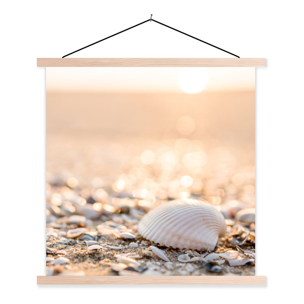MuchoWow Textilposter Muscheln - Weiß - Strand - Sommer 60x60 cm mit holzfarbenen Rahmen - Wanddekoration