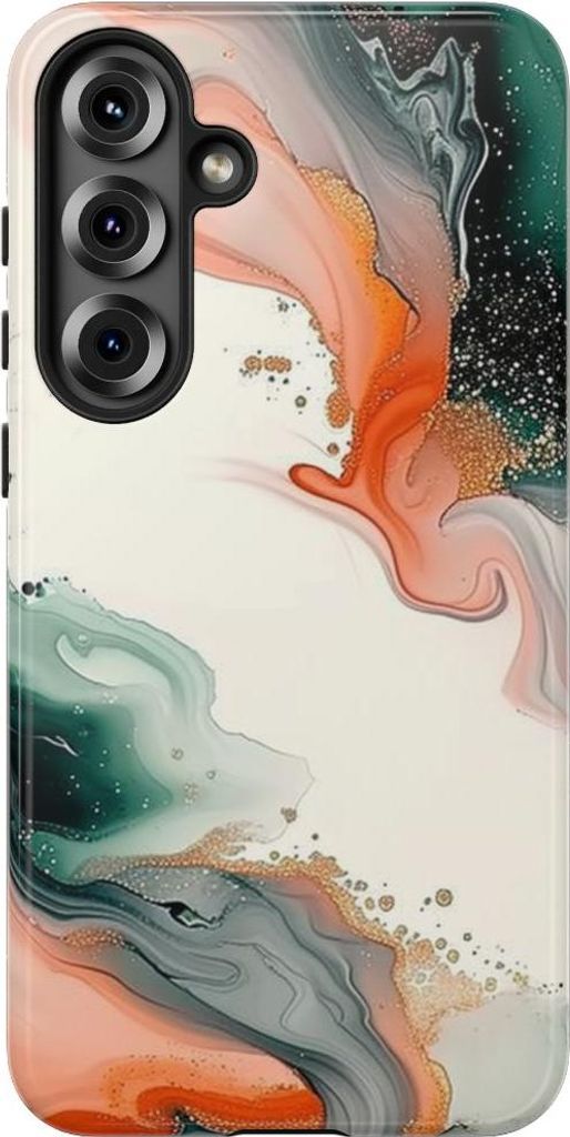 Schwungvolle abstrakte Wirbel in Grün und Koralle – Hülle Kompatibel mit Samsung Galaxy S25 Plus