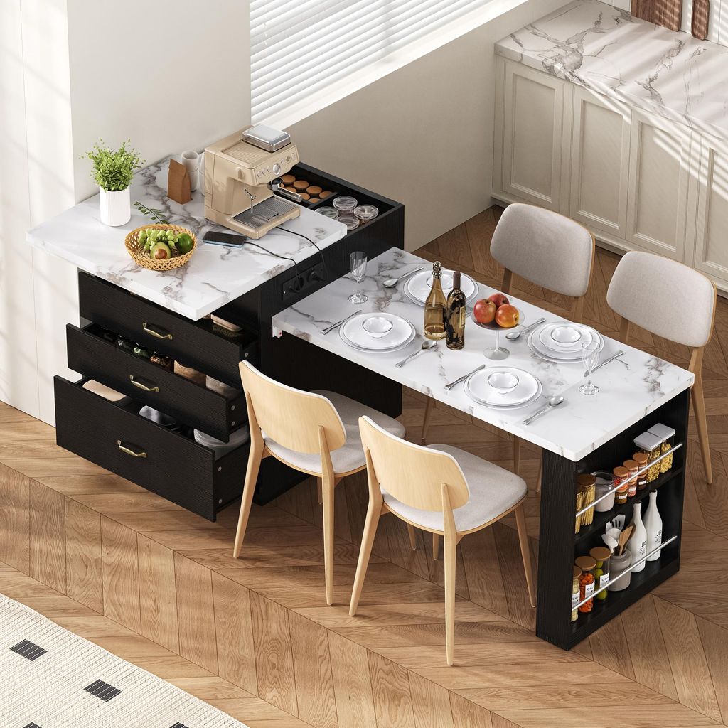 okwish Kücheninsel mit LED Beleuchtung und Steckdosenleisten,Bartisch,Sideboard mit Schubladen und Offener Stauraum,Küchentisch ausziehbarer und ...