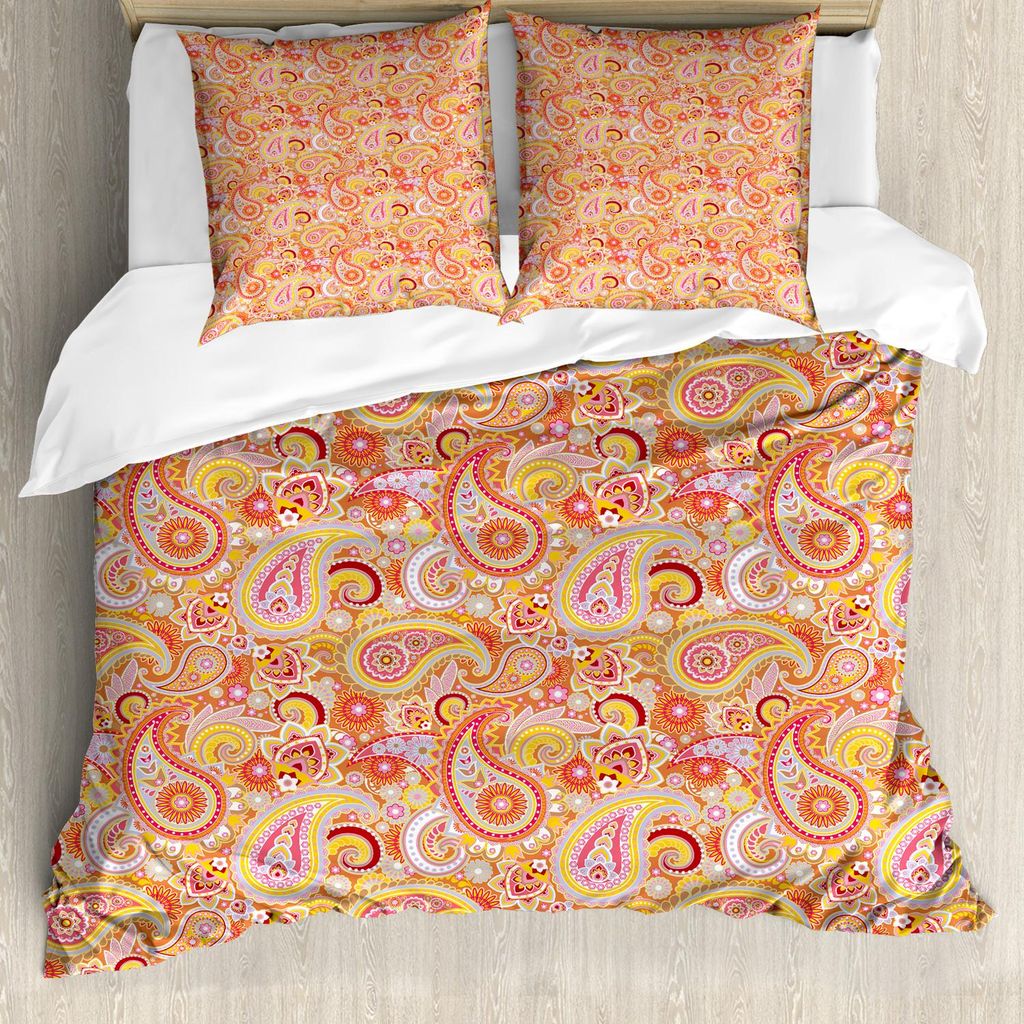 ABAKUHAUS Orange Bettbezug Set, Asiatisches Design-Elemente traditionelles Paisley-Blumenmuster wirbelt Blatt-ethnisches Motiv, 200 x 200 cm + 80 x...