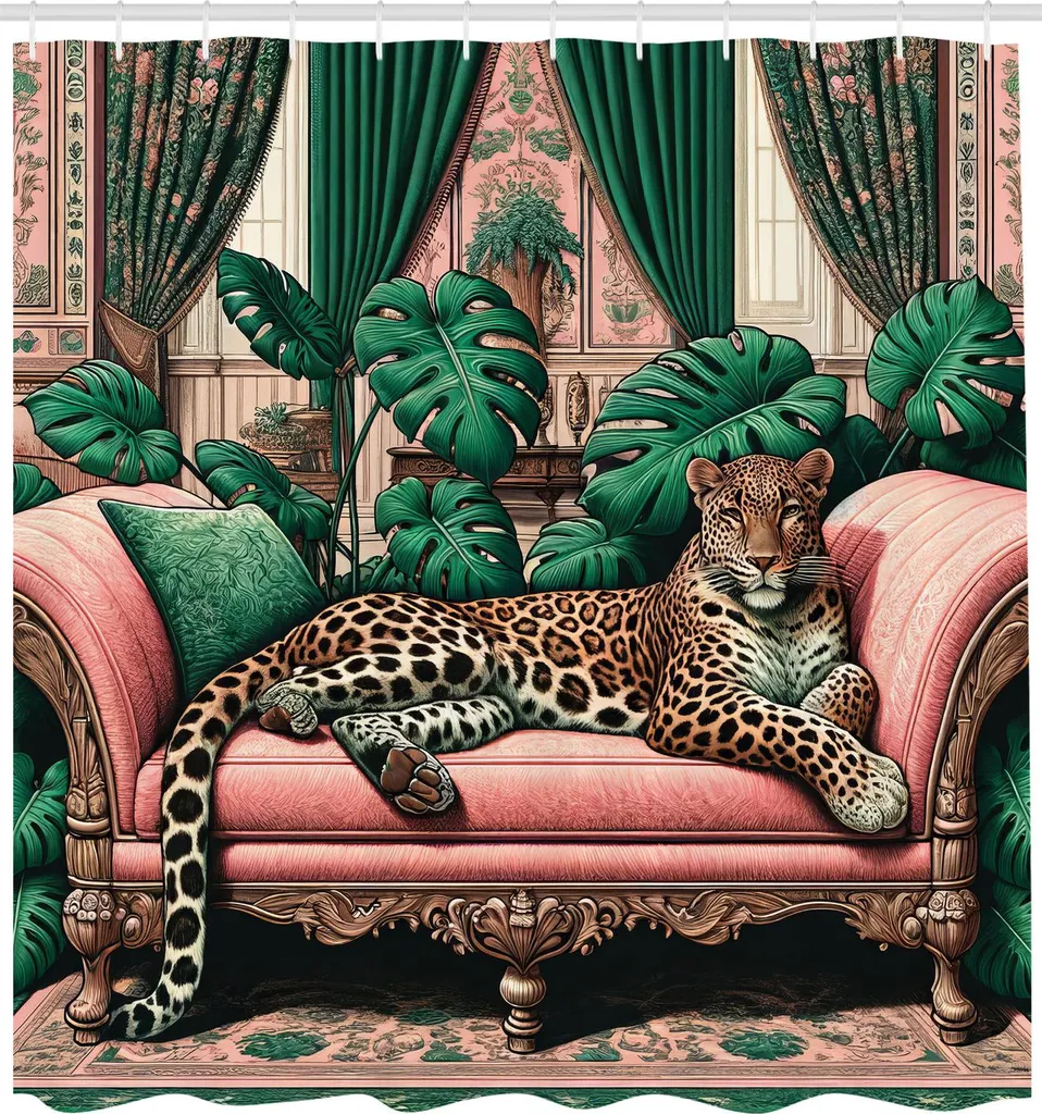 Tenda Doccia Leopard Boho ABAKUHAUS 175x200cm Rosa e Verde Giada - 2
