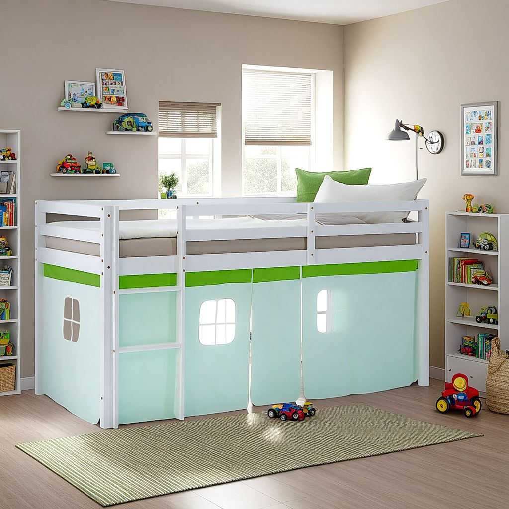 Homestyle4u Hochbett 90x200 Kinder Weiß Set mit Matratze Standard 100 und Lattenrost Vorhang Grün