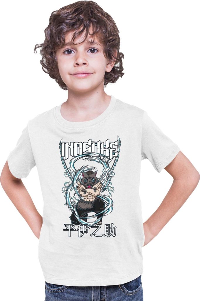 Kinder T-Shirt Demon Anime Slayer Kimetsu No Yaiba Inosuke Hashibara 003, 12-13 Jahr - 152 / Weiß