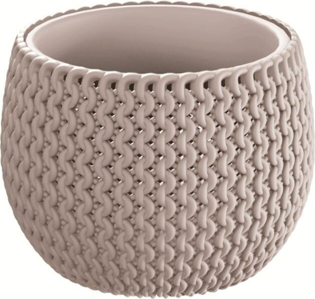 A beige planter with a knitted texture.