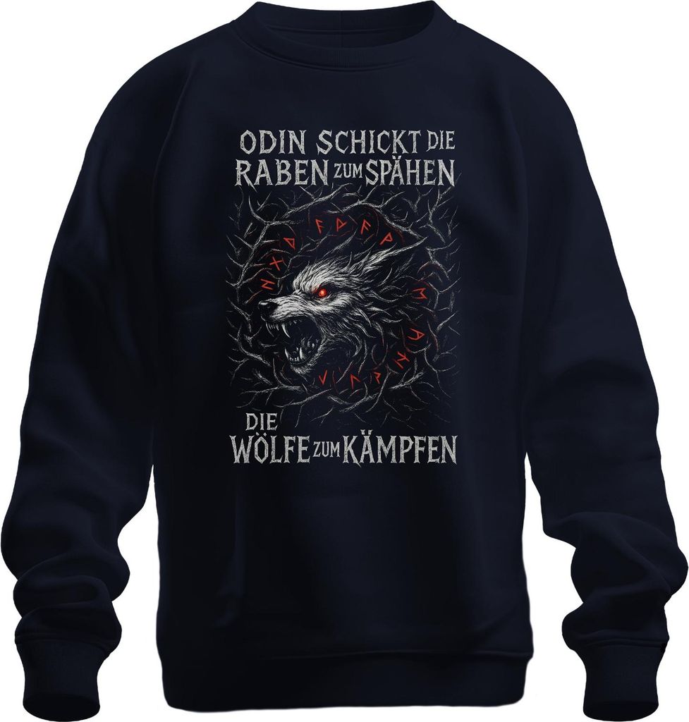 Odin schickt Raben Wölfe Kämpfen Fenrir Wikinger Nordisch Runen Uni Sweatshirt Pullover, Navy, L